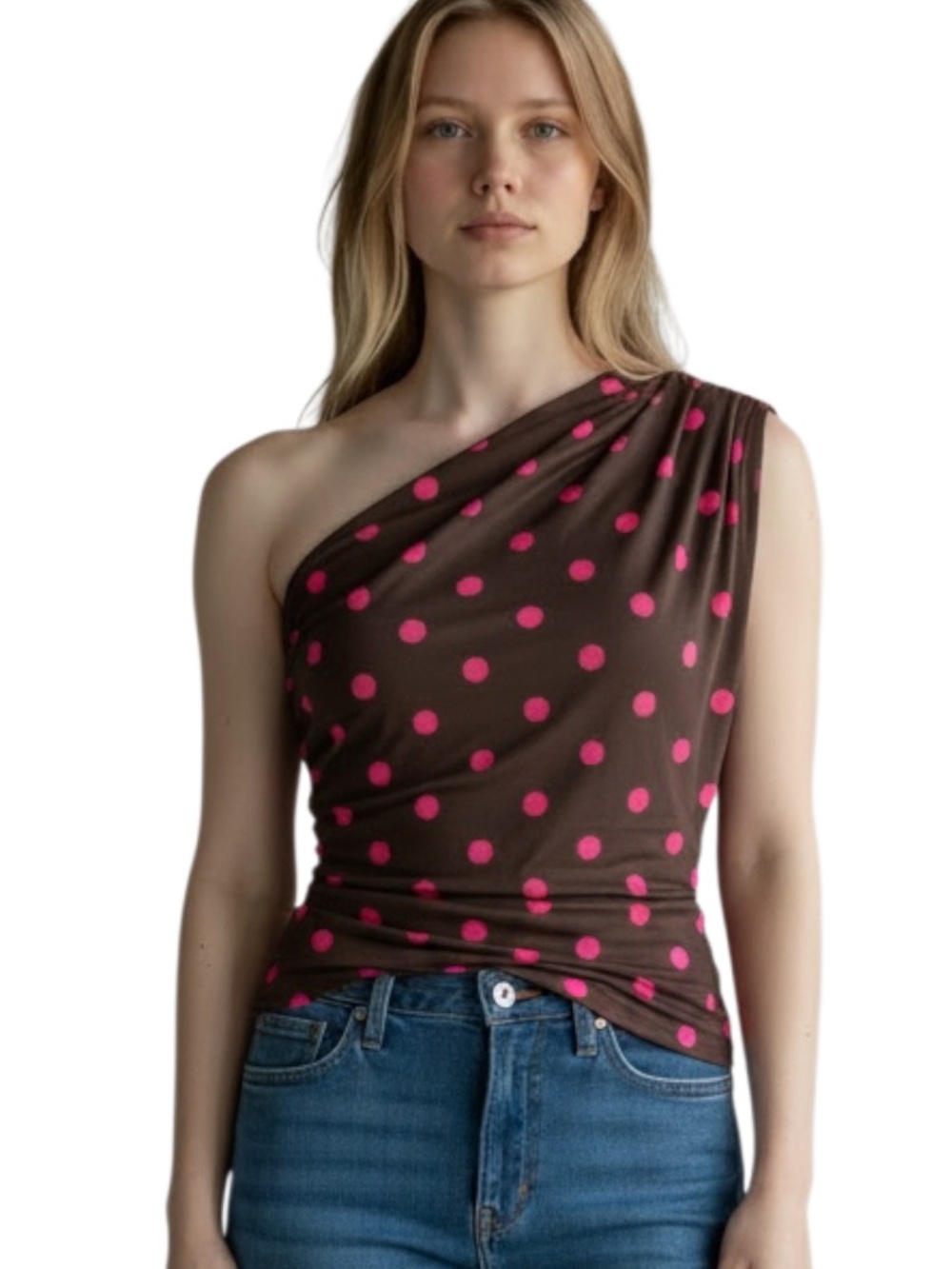 Milk & Honey Asymmetric One-Shoulder Polka Dot Tank Top in Brown and Pink